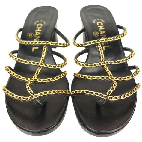 chanel black gold chain sandals|Chanel high heel sandals.